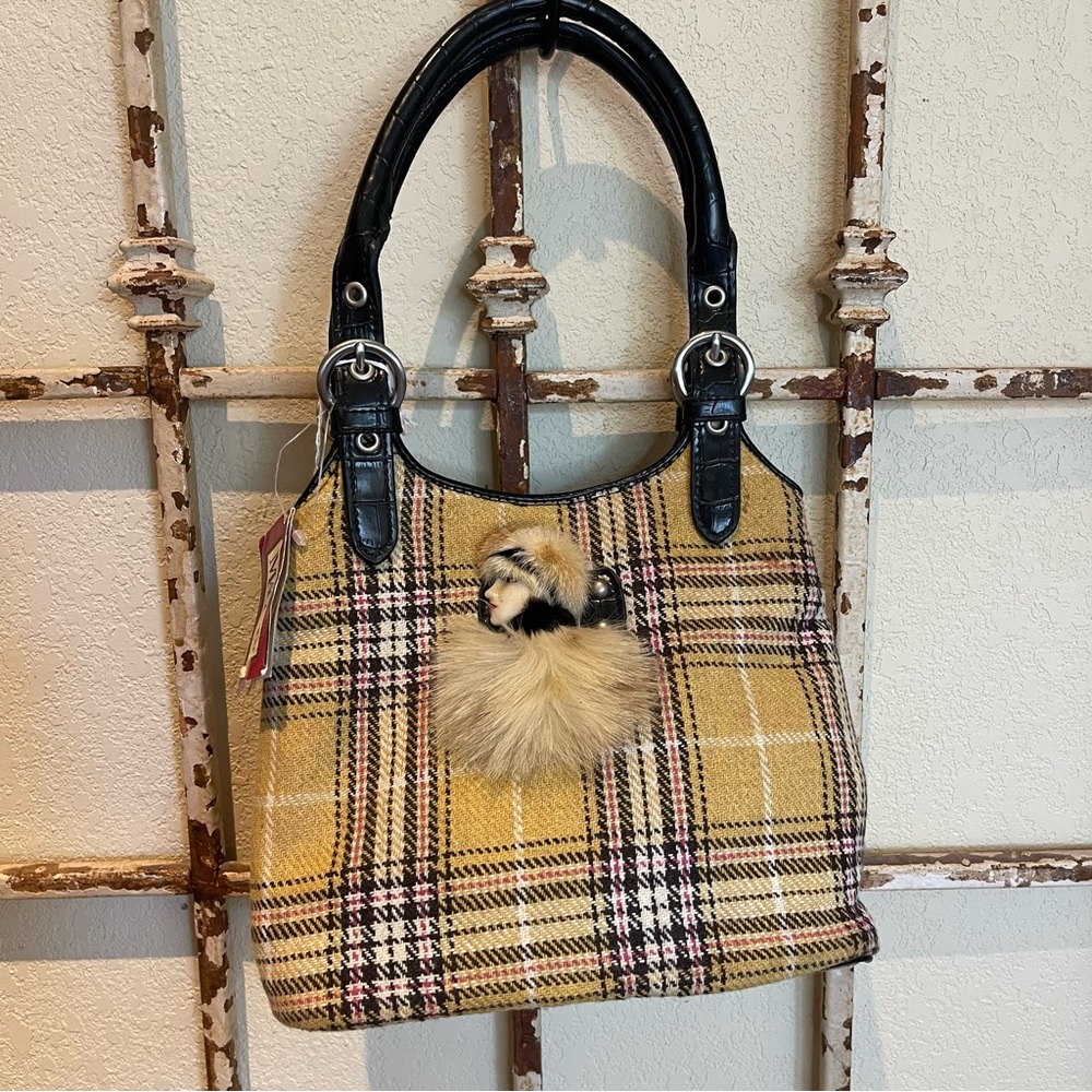 NWT Vintage Maggi B Bucket Bag  Plaid with Han Shin fur brooch